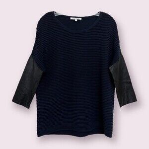 Sandro Paris Wool Sweater Ribbed Navy Black Leather Sleeves Womens Size Small